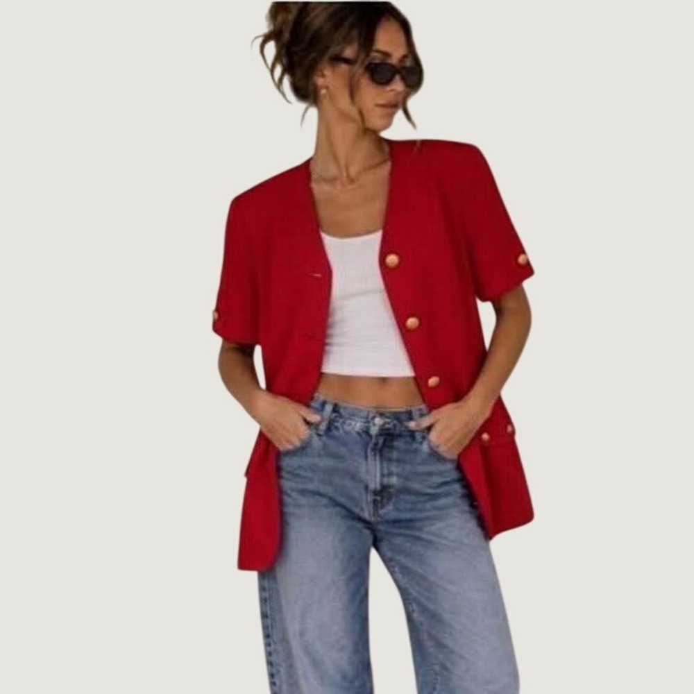 VTG 90s Casual Corner Red Short Sleeve Blazer Gold Buttons 14 Structured Capsule